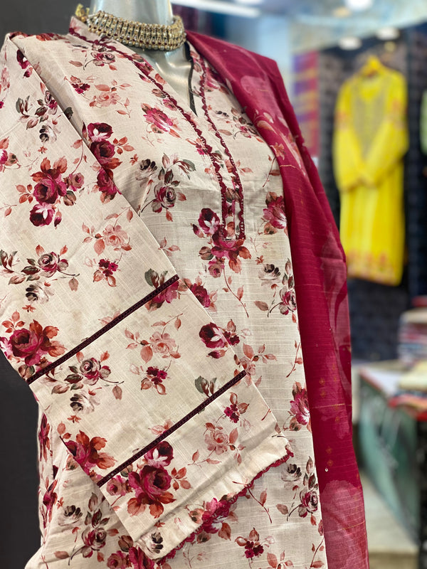 Bin Saeed 3Pc Stitched Khaddar Printed Suit with Sequin Dupatta – BSK-001