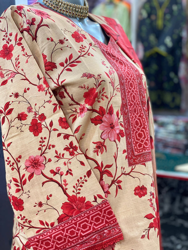 Bin Saeed 3Pc Stitched Khaddar Printed Suit with Sequin Dupatta – BSK-006